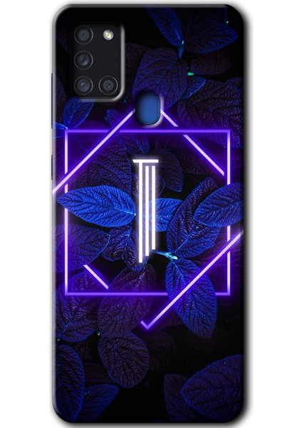 Samsung Galaxy A21S Kılıf Hd Desen Baskılı Arka Kapak - Dark Neon Yaprak I Harfi