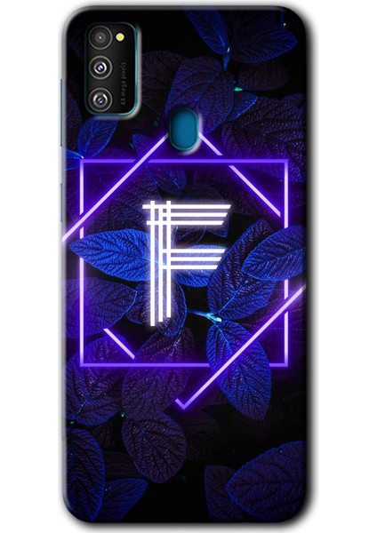 Samsung Galaxy M21 Kılıf Hd Desen Baskılı Arka Kapak - Dark Neon Yaprak F Harfi
