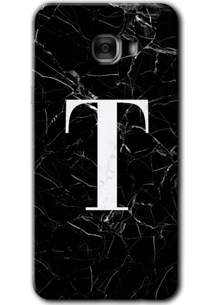 Samsung Galaxy C7 Pro Kılıf Hd Desen Baskılı Arka Kapak - Siyah Mermer Desenli T Harfi