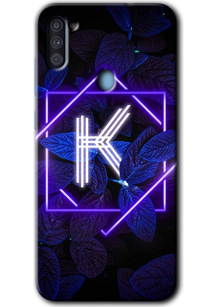 Samsung Galaxy A11 Kılıf Hd Desen Baskılı Arka Kapak - Dark Neon Yaprak K Harfi