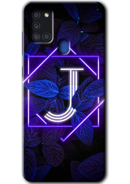 Samsung Galaxy A21S Kılıf Hd Desen Baskılı Arka Kapak - Dark Neon Yaprak J Harfi