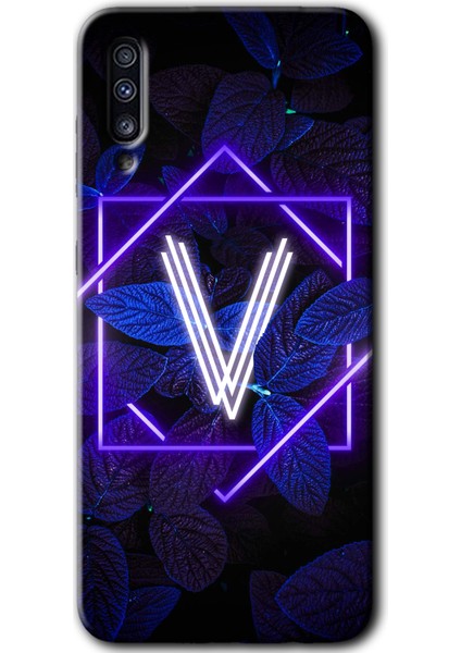 Samsung Galaxy A30S Kılıf Hd Desen Baskılı Arka Kapak - Dark Neon Yaprak V Harfi