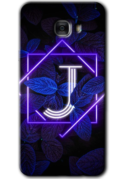Samsung Galaxy C7 Pro Kılıf Hd Desen Baskılı Arka Kapak - Dark Neon Yaprak J Harfi