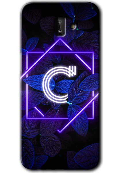 Samsung Galaxy J8 Kılıf Hd Desen Baskılı Arka Kapak - Dark Neon Yaprak C Harfi