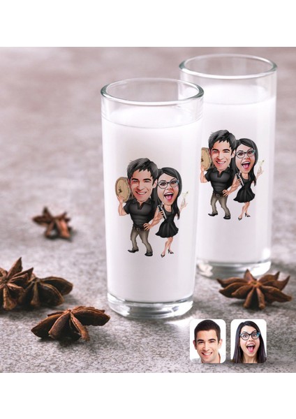 Kişiye Özel Sevgililer Karikatürlü Ikili Rakı Bardağı Seti-18