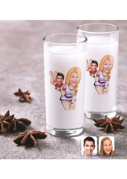 Kişiye Özel Sevgililer Karikatürlü Ikili Rakı Bardağı Seti-30