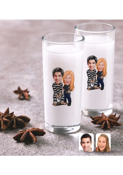 Kişiye Özel Sevgililer Karikatürlü Ikili Rakı Bardağı Seti-7