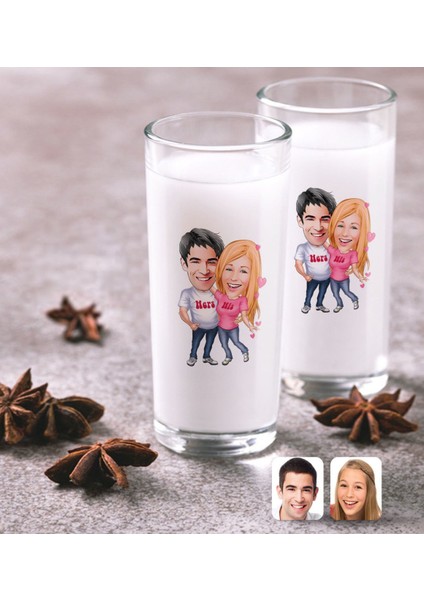 Kişiye Özel Sevgililer Karikatürlü Ikili Rakı Bardağı Seti-5