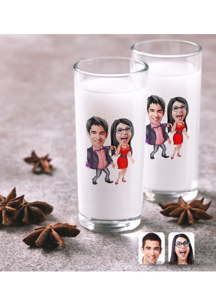 Kişiye Özel Sevgililer Karikatürlü Ikili Rakı Bardağı Seti-4