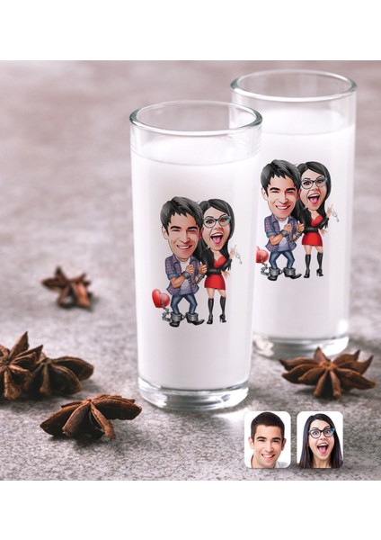 Kişiye Özel Sevgililer Karikatürlü Ikili Rakı Bardağı Seti-1
