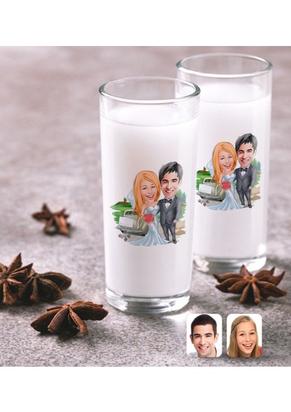 Kişiye Özel Evleniyoruz Karikatürlü Ikili Rakı Bardağı Seti-1