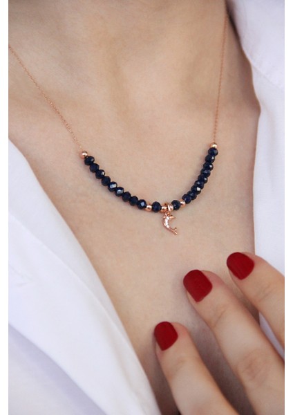 Lacivert Kristal Taşlı Yunus Figürlü 925 Ayar Gümüş Kolye - N172001