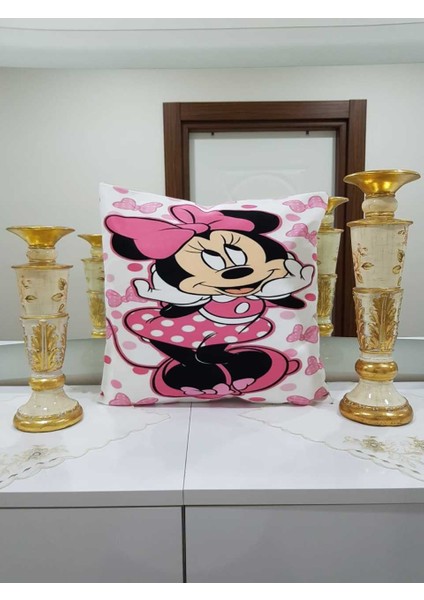 Pembe & Siyah Mini Mouse Desenli Kırlent Kılıfı