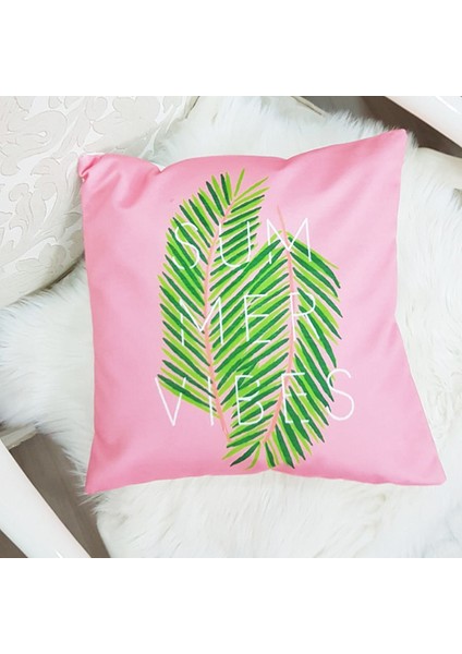 Pembe & Yeşil Summer Vibes Tropical Flamingo Desenli Dekoratif Kırlent Kılıfı