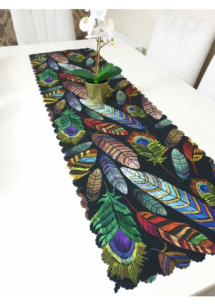 Siyah & Renkli Tüy Modern Desenli Dekoratif Runner Örtü