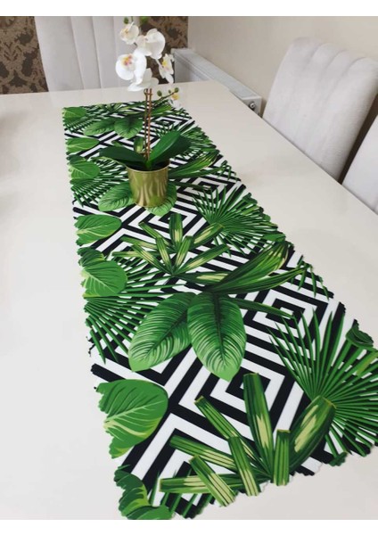 Yeşil & Siyah Yaprak Tropikal Desenli Dekoratif Runner Örtü