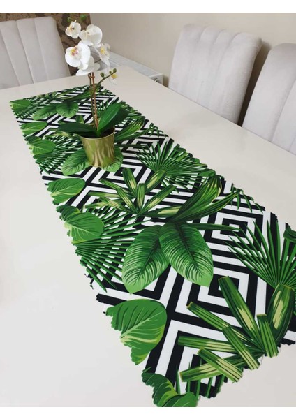 Yeşil & Siyah Yaprak Tropikal Desenli Dekoratif Runner Örtü fiyatları