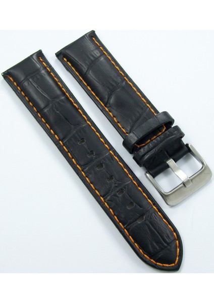 Bizon Deri Saat Kordonu 22MM Siyah Kayışı Turuncu Dikişli Krokodi modelleri