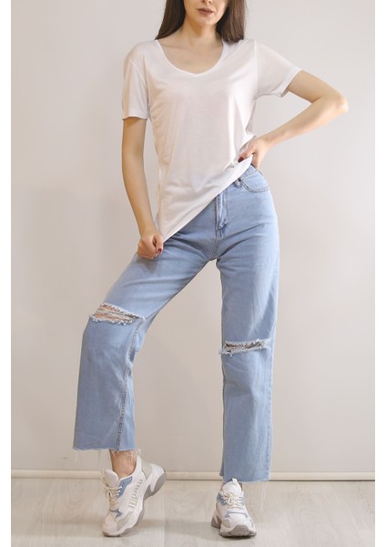 V Yaka Viskon Tişört Beyaz - 1017.275. modelleri