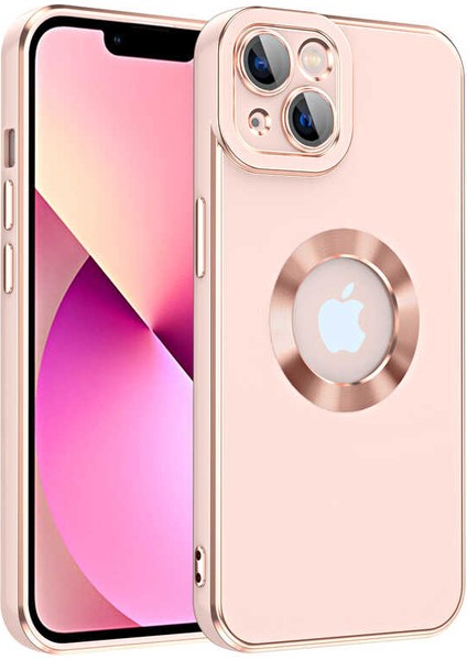 Case World Apple iPhone 13  Kapak Mercek Korumalı Logo Gösteren Tasarım Silikon Kılıf - Rose Gold