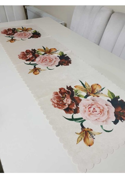 Kiremit & Pudra Desenli Çiçekli - Sarı Kız Çiçek Dekoratif Runner Örtü