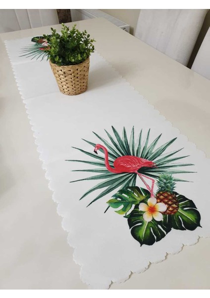 Yeşil & Pembe Ananaslı Filamingo Desenli Dekoratif Runner Örtü