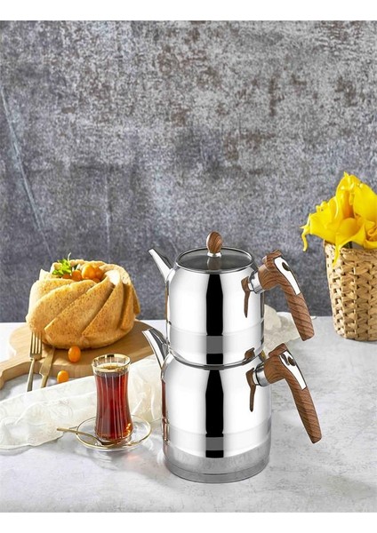 Yağmur Ahşap Renk Saplı Mini Boy Çaydanlık Takımı