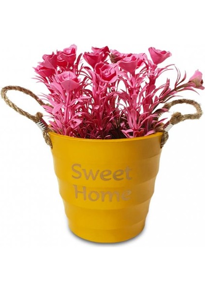 Sweet Home Sarı Yuvarlak Kovalı Hasır Kulplu Saksıda Çiçek