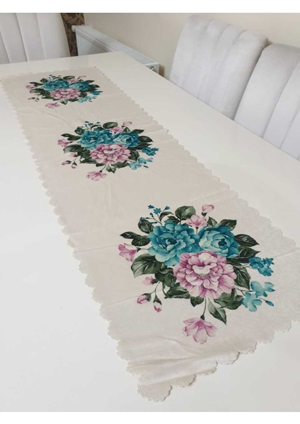 Lila & Mint Desenli Çiçekli - Kaz Dağları Çiçek Dekoratif Runner Örtü