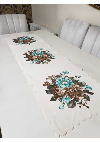 Kahverengi & Mint Desenli Çiçekli - Kaz Dağları Dekoratif Runner Örtü