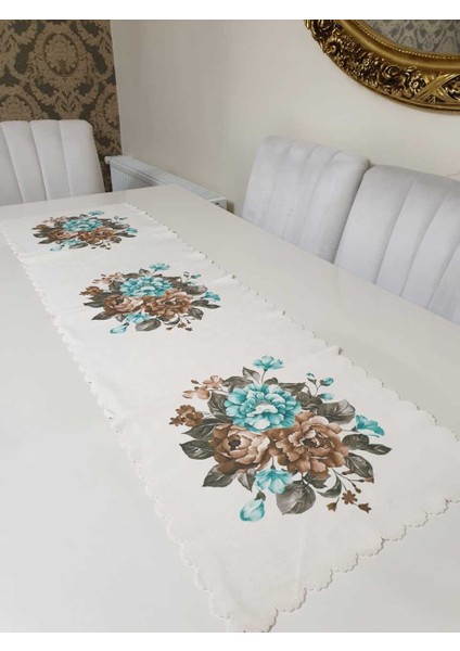 Kahverengi & Mint Desenli Çiçekli - Kaz Dağları Dekoratif Runner Örtü fiyatları