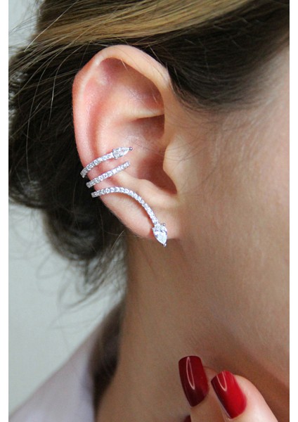 925 Ayar Gümüş Zirkon Taşlı Yılan Biçimli Kıkırdak Küpe - 12105000