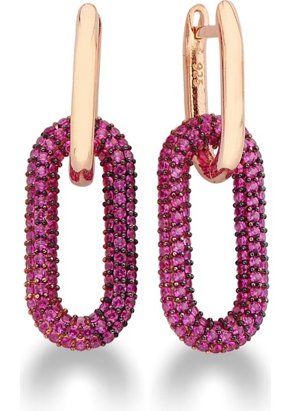 925 Ayar Gümüş Pembe Taşlı Monaco Stili Link Küpe - K096801