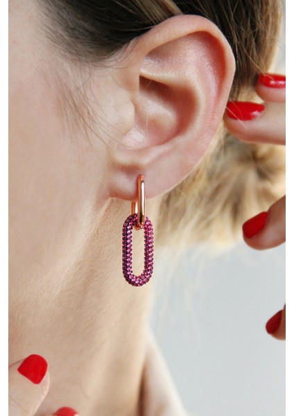 925 Ayar Gümüş Pembe Taşlı Monaco Stili Link Küpe - K096801