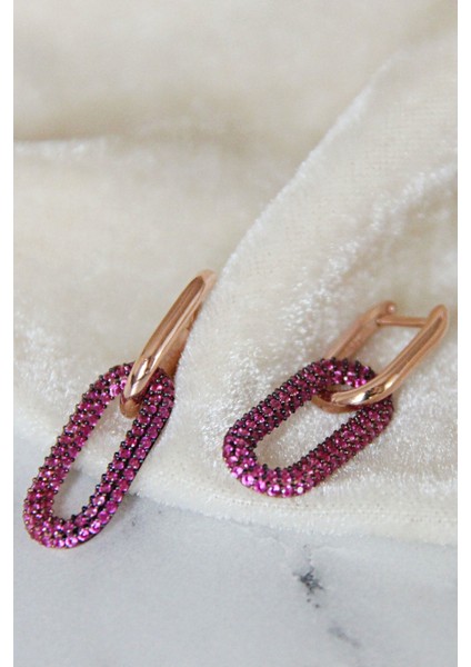 925 Ayar Gümüş Pembe Taşlı Monaco Stili Link Küpe - K096801