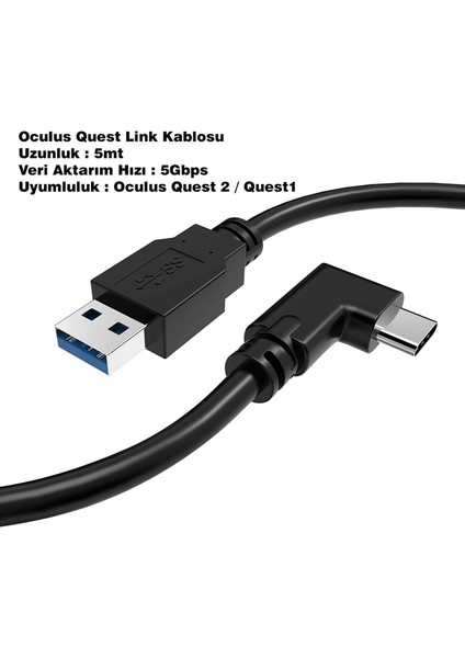 Link Kablosu - Meta Quest 3 ve 2 ile Uyumlu - 5mt , 5gbps USB 3.2 Hızlı Veri Aktarımı , Hızlı Şarj Usb-C