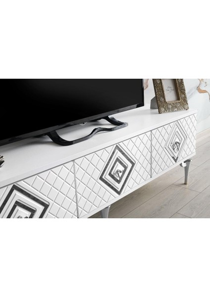 150 cm Ilizyon Metal Ayak-Mdf Mebran Kapak Tv Sehpası Beyaz Gümüş