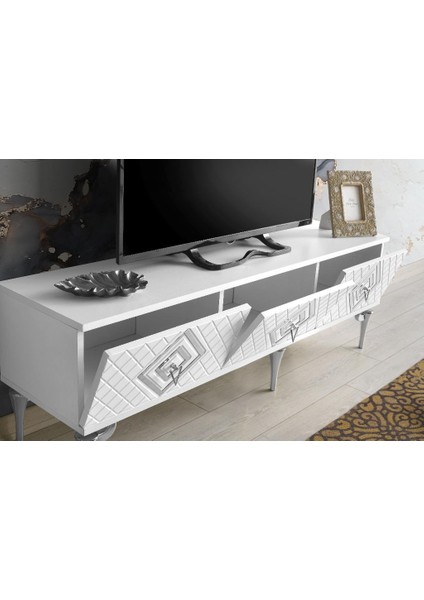 150 cm Ilizyon Metal Ayak-Mdf Mebran Kapak Tv Sehpası Beyaz Gümüş