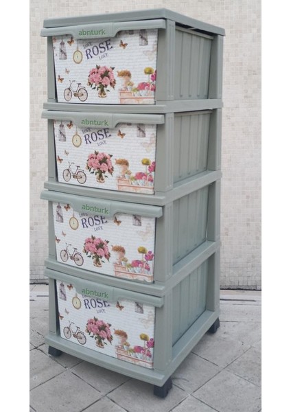 Büyük Boy Retro Rose Gül Desen 4 Çekmeceli Tekerlekli Komidin Yükseklik 93CM 43X38 Demonte Dolap Raf