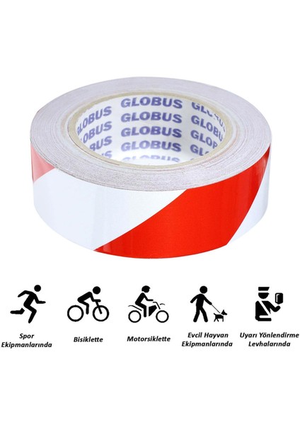 Globus Reflektörlü Reflektif Fosforlu Şerit Bant Ikaz Bandı Kırmızı-Beyaz (3 Metre) fiyatları