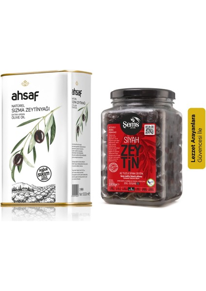 Avantajlı Zeytin-Zeytinyağı Paketi- Şems Siyah Zeytin 1 Kg 291-320 Kalibre+ Soğuk Sıkım Natürel Sızma Zeytinyağı 1L-Teneke (2'li Ekonomik Paket)