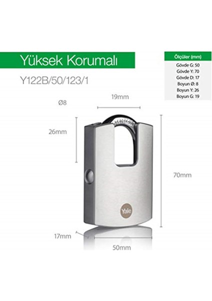 Marka: Yale Y122B/50/123/1 - 50MM Dmu Muhafazalı Krom Kaplamalı Asma Kilit - Yüksek Korumalı - Boro modelleri