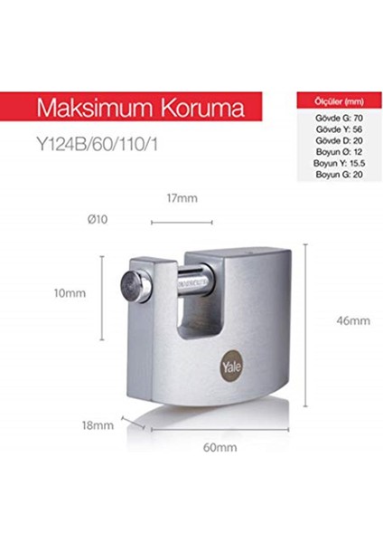 Marka: Yale Y124B/60/110/1 - 60MM Dmu Kayar Pimli Asma Kilit - Maksimum Koruma - Sertleştirilmiş Çe modelleri