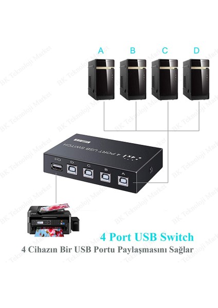 4 Port USB Pc Tarayıcı Yazıcı Değiştirici Switch