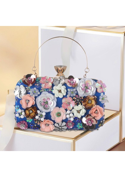 Lüks Bayan Akşam Çantası Payetli Saten Kokteyl Partisi Renkli Çiçek Debriyaj Mavisi modelleri