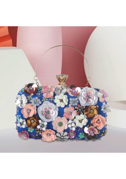 Lüks Bayan Akşam Çantası Payetli Saten Kokteyl Partisi Renkli Çiçek Debriyaj Mavisi fırsatları