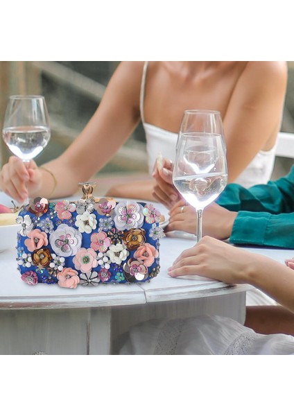 Lüks Bayan Akşam Çantası Payetli Saten Kokteyl Partisi Renkli Çiçek Debriyaj Mavisi indirimleri
