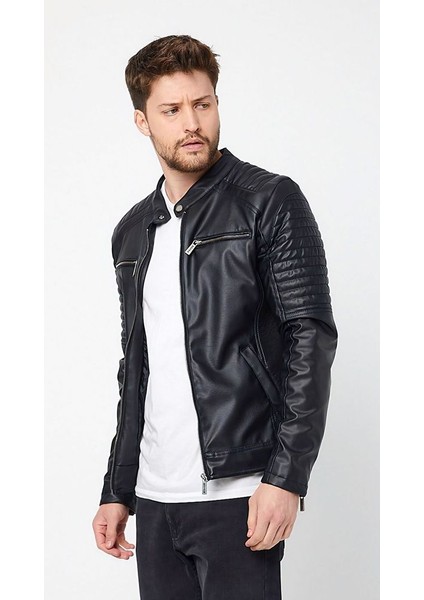 NorthFashion Erkek Siyah Iç Cepli Slim Fit Deri Ceket