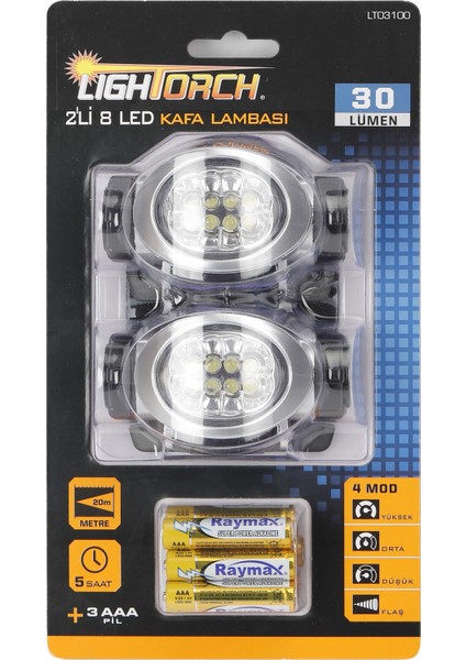 Lıghtorch LT03100 8 Led'li Kafa Lambası 2'li Set