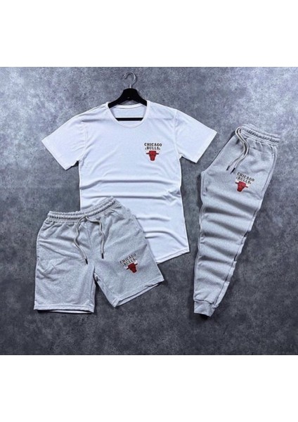 Yeni Stil Bulls Baskılı %100 Pamuk Kısa Kollu Yazlık 3 Lü Erkek Eşofman Takımı